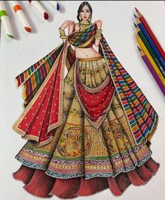 a drawing of a woman in a colorful dress with colored pencils next to it