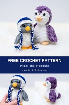 three crocheted penguins are shown with the text, free crochet pattern piper the penguin