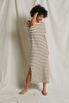 Get ready to elevate your warm weather wardrobe with the perfectwhitetee Lover Maxi Dress in Walnut Stripe! Made with recycled cotton, this relaxed fit dress is perfect for any occasion - wear it now with slides or dress it up for fall with flats or sneakers. The side slit and short sleeves add a touch of flair to this effortlessly stylish dress, thoughtfully produced in California. Because who doesn't want an easy, no-brainer outfit option? White Rehearsal Dress, Mesh Flats, Perfect White Tee, Silk Bottoms, Striped Maxi, Striped Maxi Dresses, Tee Dress, Recycled Cotton, Stylish Dresses