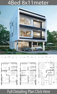 three story house plan with 4 beds and 1 meter living space in the middle of it