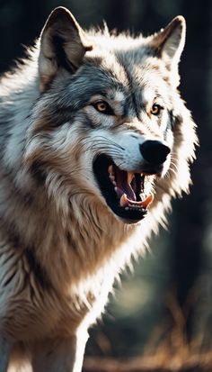 a wolf with it's mouth open showing teeth