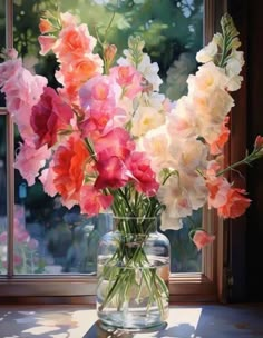 a vase filled with lots of pink and white flowers on top of a window sill