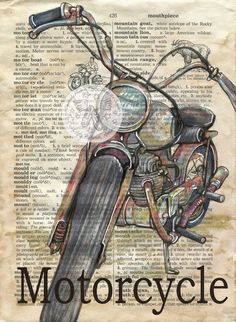 a drawing of a motor cycle on an old book page with the words motorcycle written below it