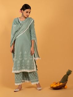 Harita Khari - Teal Cotton Hand Printed Straight Kurta Set (Set of 3) By Maison Shefali now available at Trendroots Muted Teal, Tunics Online, Straight Cut Pants, Straight Fit Pants, Cropped Linen Pants, Wardrobe Classic, Straight Kurta, Yellow Pattern, Print Pants