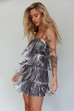 New York Nights Sequin Fringe Mini Dress Black New York Night, Selfie Leslie, Fringe Mini Dress, Disco Dress, Tassel Dress, Dress Silver, On The Dance Floor, Mini Dress Black, Sling Dress