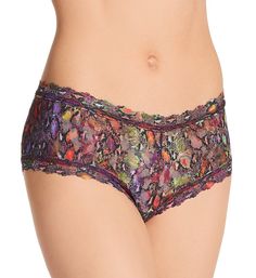 This signature stretch lace panty features a rich melange of pattern and colors for your wearing pleasure. Made of stretch 100% nylon. Stretch lace along waist and leg openings for a custom fit. Low rise. Moderate, "cheeky" rear coverage. Sewn-in cotton crotch for comfort. Made in the USA. Hanky Panky Women's Pattern Boyshort Panty in Rainboa (4812PTN) | Size XS | HerRoom.com Purple Lace Bottoms With Lace Trim, Purple Lace Stretch Bottoms, Glamour Magazine, Magazine Online, Stretch Lace, Boy Shorts, Boho Shorts, Custom Fit, Low Rise