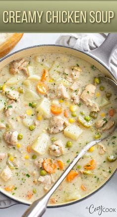 creamy chicken soup with a mix of vegetables in a skillet. Demos Chicken And Rice Soup, Demos Chicken And Rice Soup Recipe, The Cozy Cook Recipes, Cozy Cook Recipes, Creamy Chicken Stew, The Cozy Cook, Rice Soup Recipes, Comfort Soup Recipes