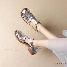 Lasaky - Stylish Flat Heels with Luxurious Leather Interior Silver Leather Sandals With Flat Heel, Summer Party Leather Shoes, Silver Leather Sandals For Spring, Summer Leather High Heel Shoes, Summer High Heel Leather Shoes, Spring Silver Leather Sandals, Casual Low Heel Leather Shoes For Summer, Silver Casual Closed Toe Heels, Casual Silver Closed Toe Heels