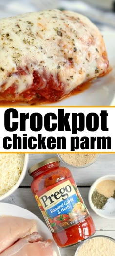 the ingredients for crockpot chicken parm on a white plate with text overlay