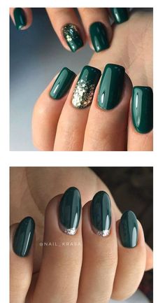 Green And Black Nails Ideas, Dark Green Biab Nails, November Nails Green, Green Gold Nails Christmas, Green And Gold Gel Nails, Green Nails With Gold, Green Winter Nail Designs, December Nails Green