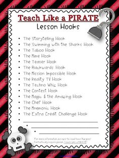 a black and red striped background with a pirate lesson poster in the center that says teach like a pirate