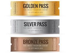 three gold, silver and bronze foiled tickets with the word's name on them