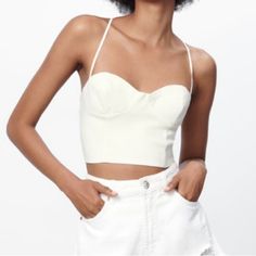 Zara Crop Top New With Tags Elegant White Crop Top For Summer, Elegant White Summer Crop Top, Chic White Crop Top, Chic White Crop Top For Spring, White Spaghetti Strap Top For Party, White Spaghetti Straps Tops For Party, White Spaghetti Strap Party Tops, Chic White Spaghetti Strap Crop Top, Off White Summer Party Tops