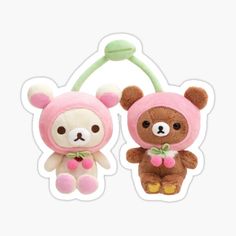 two teddy bears are wearing pink and green outfits, one is holding a baby's pacifier