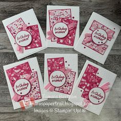 four cards with pink and white designs on them, one has a happy birthday message