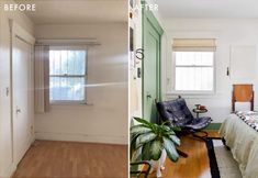 before and after photos of a bedroom with wood floors, green walls and white walls