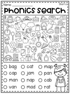 a worksheet for phonics search with pictures and words on the page