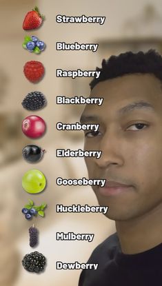 a young man is shown with the names of his fruits and berries on it's face