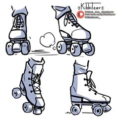 four different roller skates with wheels and laces