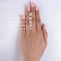 a woman's hand with three different sized diamonds on it and measurements for each diamond