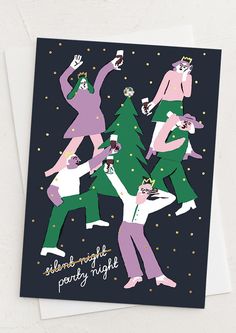 a card with three men dancing around a christmas tree and the words silent night party written on it