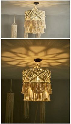 three different views of a chandelier with fringes hanging from it's sides