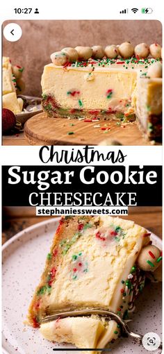 Holiday Dessert Christmas, Sugar Cookie Dough Cheesecake, Cookie Bottom Cheesecake, Christmas Cute Desserts, Holiday Baked Goods Recipes, Sugar Cookie Cheesecake Cups, Thanksgiving Cheesecake Ideas, Different Cheesecakes, Sugar Cookie Cheesecake Recipe