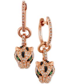 Round-shape diamond (3/8 ct. t.w.) encrusted panthers have sleek tsavorite accent eyes in these fierce panther drop earrings designed by Effy in 14k rose gold. Approximate drop: 2/3". Diamond Earing Designs Unique, Animal Jewelry Design, Panther Earrings, 14k Rose Gold Jewelry, Simple Diamonds, Diamond Jewelry Designs, Effy Jewelry, Gold Earrings Designs, Rose Gold Jewelry