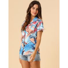 A great shirt to be paired with shorts or jeans. Enjoy the summer with the help of the Hawaiian leaf-printed shirt. Lend a touch of charm to your new season wardrobe with this shirt. Whether on carnivals, festivals, vacations, on the beach, or even at a theme party, you will certainly receive many compliments. Suitable for wearing to the beach. Printed Blouse With Camp Collar For Vacation, Light Blue Collared Camp Shirt For Summer, Summer Light Blue Collared Camp Shirt, Printed Short Sleeve Shirt For Day Out, Light Blue Short Sleeve Shirt For Vacation, Summer Printed Button-up Tops, Light Blue Short Sleeve Vacation Shirt, Collared Blouse With Tropical Print For Summer, Light Blue Short Sleeve Camp Shirt For Summer