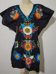 XL Floral Embroidered Mexican  Women's Dress Length 35 in Chest 46 Casual Multicolor Embroidered V-neck Dress, Multicolor V-neck Dress With Floral Embroidery, Multicolor V-neck Embroidered Dress With Floral Details, Casual V-neck Dress With Multicolor Embroidery, Casual V-neck Embroidered Dress, Multicolor Embroidered V-neck Dress With Floral Print, Black Floral Embroidered Blouse For The Beach, Casual Multicolor Embroidered Beach Dress, Multicolor Floral Embroidered Tunic Dress