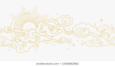 the sun and clouds are drawn in gold on a white background with space for text