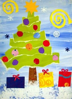 a painting of a christmas tree with presents under it