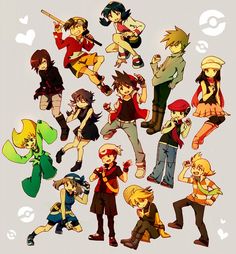 an image of some cartoon characters with different outfits and hair colores, all standing in front of one another