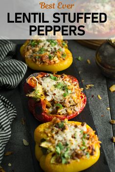 several stuffed peppers with cheese and herbs on top