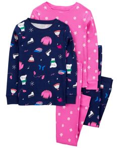 One in snug fit cotton and one in poly rib, this PJ set has your little one ready for bed in no time. Carter's cotton PJs are not flame resistant. But don't worry! They're designed with a snug and stretchy fit for safety and comfort. Cotton Sleepwear With Heart Print For Sleepover, Snow Flake Pajamas, Winter Long Sleeve Sleepwear With Character Print, Pink Long Sleeve Sleepwear With Cartoon Print, Carters Fleece Pajamas Cupcake Footie, Cotton Pjs, Carters Girl, Shirts For Leggings, Ice Skate