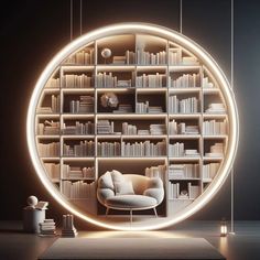 a living room with bookshelves in the shape of a circle and a chair