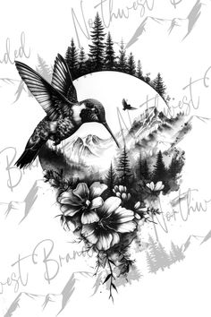 a black and white drawing of a hummingbird flying over flowers with mountains in the background