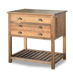 a wooden table with two drawers on one side and an open drawer on the other