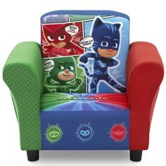 a little kid's chair with the batman character on it and two different colors