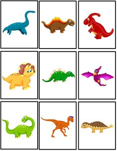 different types of toy dinosaurs are shown in the same square shape, each with an individual's name on it