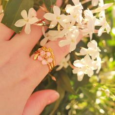 Sakura Rings Set can be worn on either one finger or several fingers. These rings are made from 18k gold and come from nature jewelry collection on Selenichast online shop. This charming Sakura Rings Set evokes a sense of romanticized nostalgia. Crafted with exquisite enamel and carefully cut stones, the rings are a work of art. The dainty design is sure to attract admiring glances, making you feel sophisticated and elegant. Rediscover timeless beauty with this classic set. Sakura Ring, Cherry Blossom Ring, One Finger, Pearl Gifts, Unique Gift Wrapping, Simple Gift Wrapping, Butterfly Gifts, Purple Grapes, Enamel Necklaces