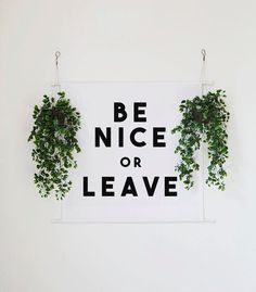 some plants are hanging on the wall and there is a sign that says be nice or leave