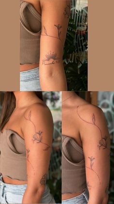 three pictures of the back of a woman's shoulder and arm with tattoos on it