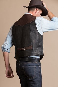 Image Men’s Leather Vest, Patagonia Vest Outfit, Cowboy Character, Men's Leather Style, Outfit Cowboy, Leather Vests, Mens Western Wear, Leather Waistcoat, The Garrison