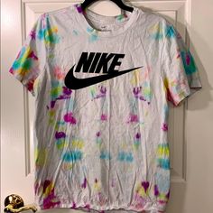 Brand New Size Small In Mens Unisex Shirt Hand Tie Dyed By Me Nike Relaxed Fit Shirt For Spring, Nike Cotton Summer Shirt, Nike Cotton Shirt For Summer, Sporty Tie-dye Cotton T-shirt, Nike Summer Shirt Relaxed Fit, Casual White Bleached T-shirt, Spring Casual Tie Dye Shirt, Casual Tie Dye Shirt With Graphic Print, Multicolor Nike Crew Neck T-shirt