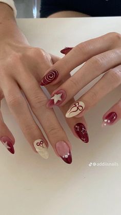 #nails Dark Red Summer Nails, Nails Mom, Paznokcie Hello Kitty, Bday Nails, Kutek Disney, Hippie Nails, Nagel Tips