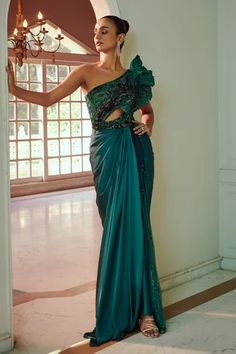 Shop for Adaara Couture Emerald Green Silk Hand Embroidered Pre-draped Saree Gown for Women Online at Aza Fashions Emerald Green Indian Outfit, Indowestern Saree, Draped Saree Gown, File Decoration, Saree Gowns, Drape Sarees, Ethnic Dresses, Draped Saree, Sequin Saree