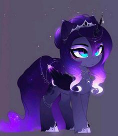 an animated pony with purple hair and blue eyes