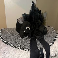 Black And White Big Classy Sun Hat! Perfect For A Pool Party, Horse Races, Church, Wedding, High Tea Or Just Because! So Elegant And So Many Ways To Wear It Designed By Gheart Black Fedora Hat For Races, Black Fedora For Races, Black Mini Beach Hats, One Size, Black Mini Beach Hats One Size, Black Fitted Bucket Hat, Black Mini Beach Hat, Black Mini Beach Hats One Size Fits Most, Beach Mini Hats In Black One Size, Elegant Black Bucket Straw Hat