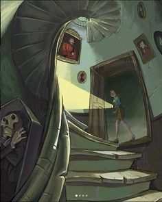 an image of a woman walking up the stairs in front of a mirror and skeleton